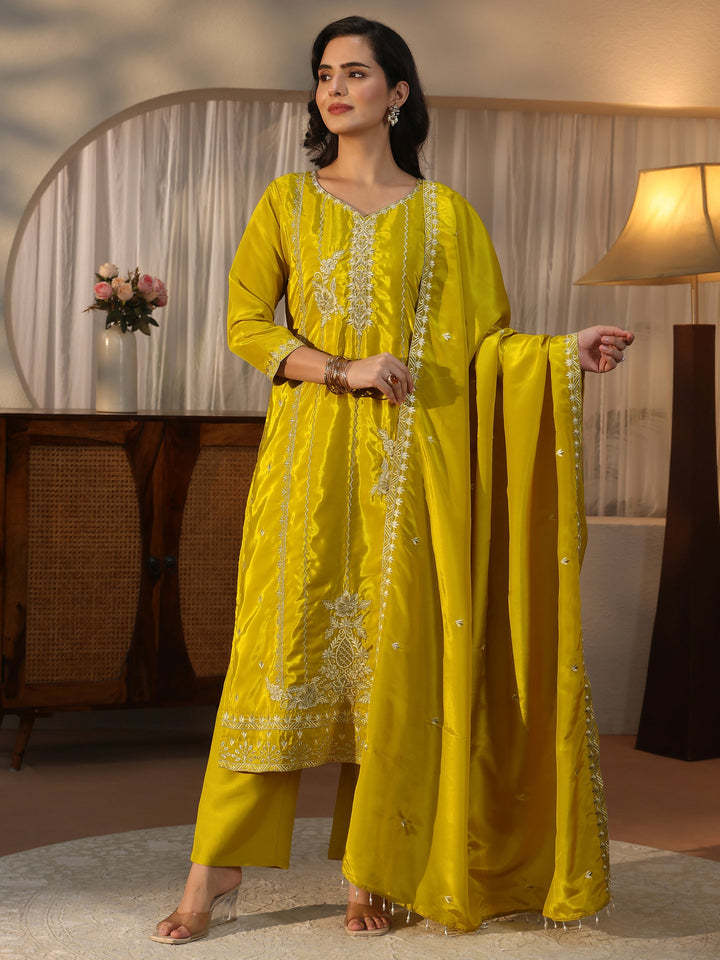 Libas Mustard Floral Embroidered Crepe Straight Suit Set