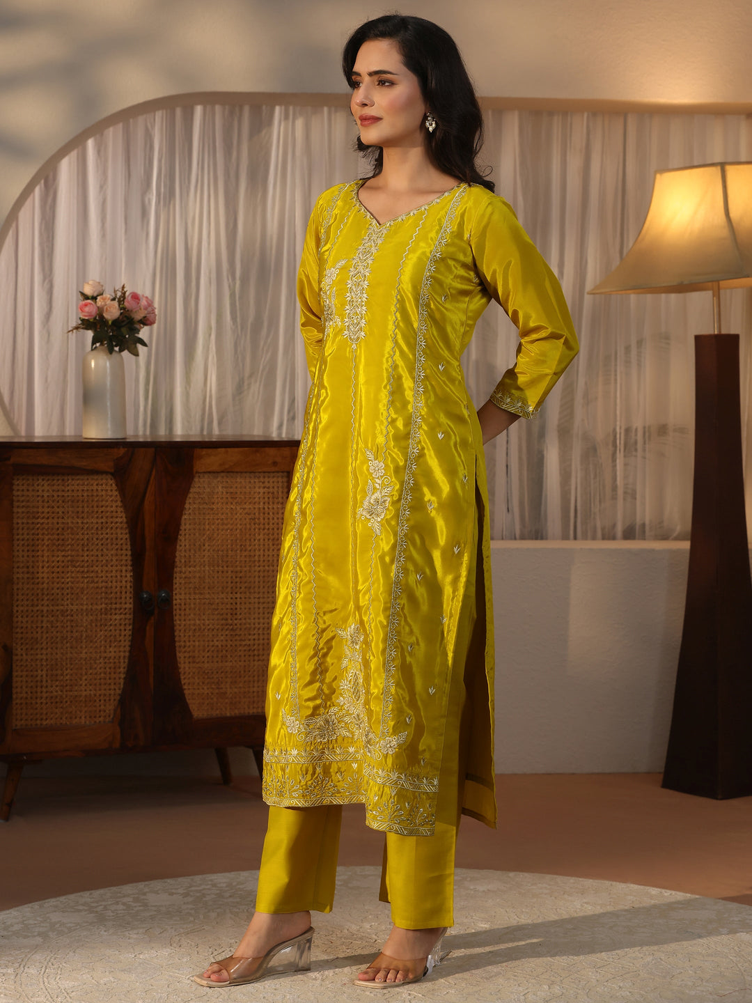 Libas Mustard Floral Embroidered Crepe Straight Suit Set