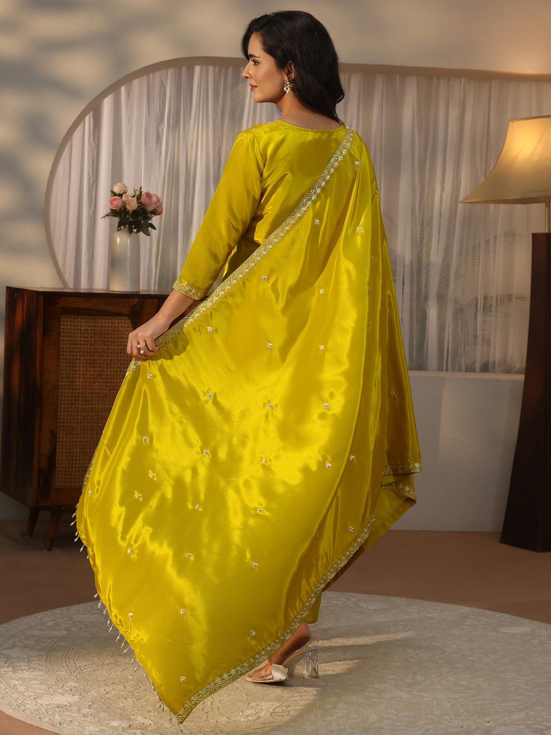 Libas Mustard Floral Embroidered Crepe Straight Suit Set