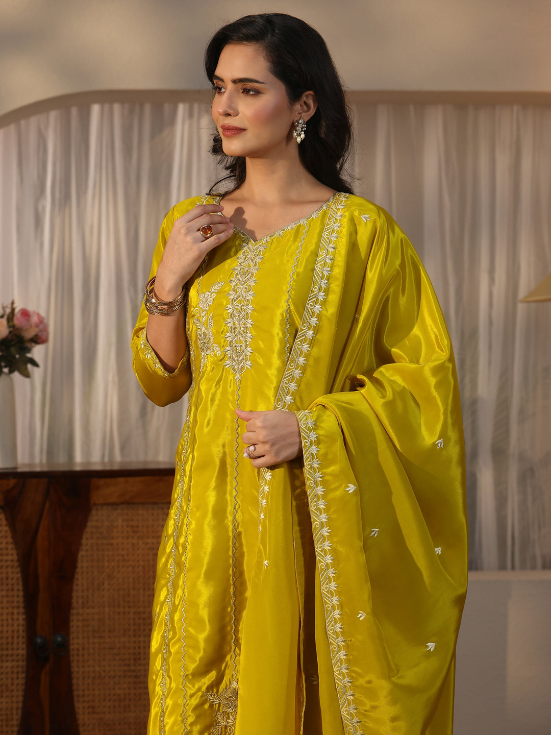 Libas Mustard Floral Embroidered Crepe Straight Suit Set