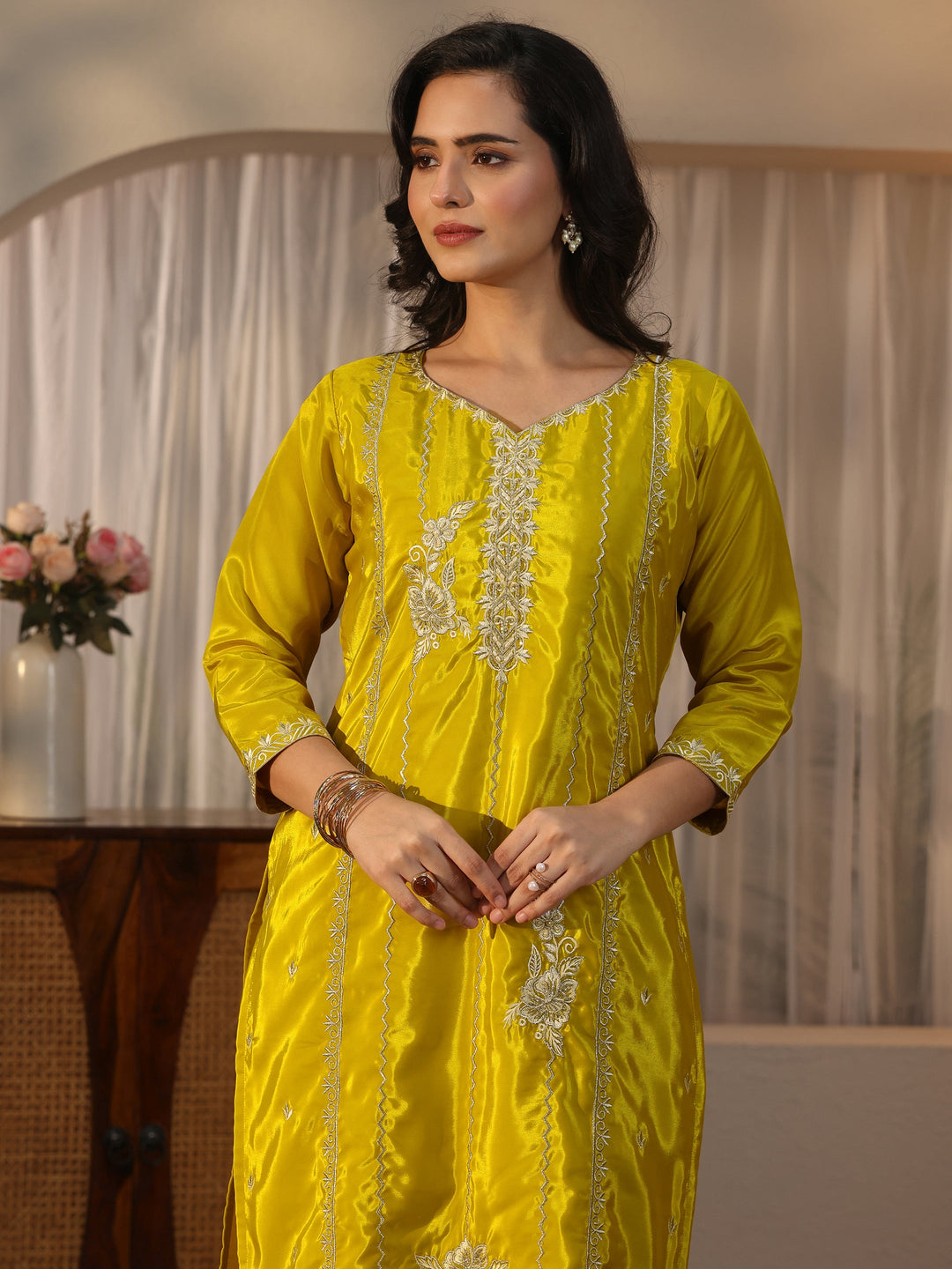 Libas Mustard Floral Embroidered Crepe Straight Suit Set