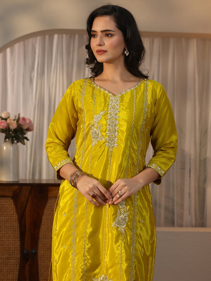 Libas Mustard Floral Embroidered Crepe Straight Suit Set