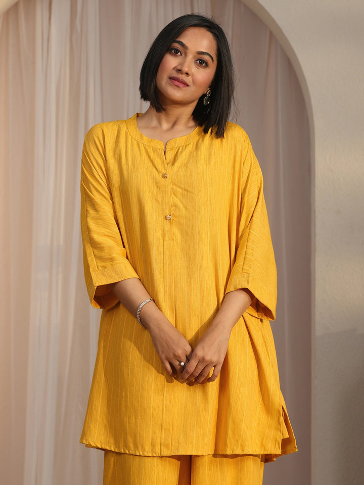 Libas Mustard Striped Woven Design Rayon Co-Ord Set