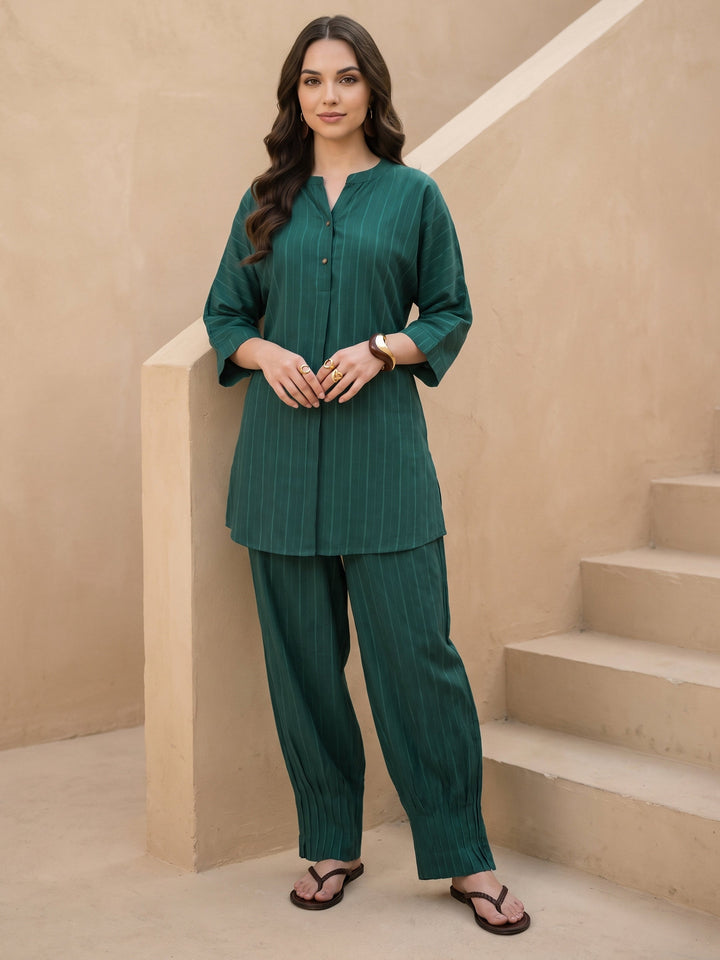 Libas Bottle Green Striped Rayon Co-Ord Set
