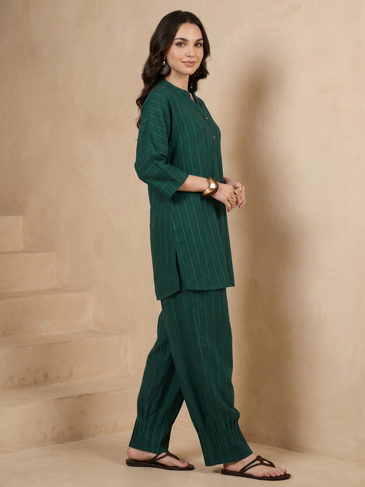 Libas Bottle Green Striped Rayon Co-Ord Set