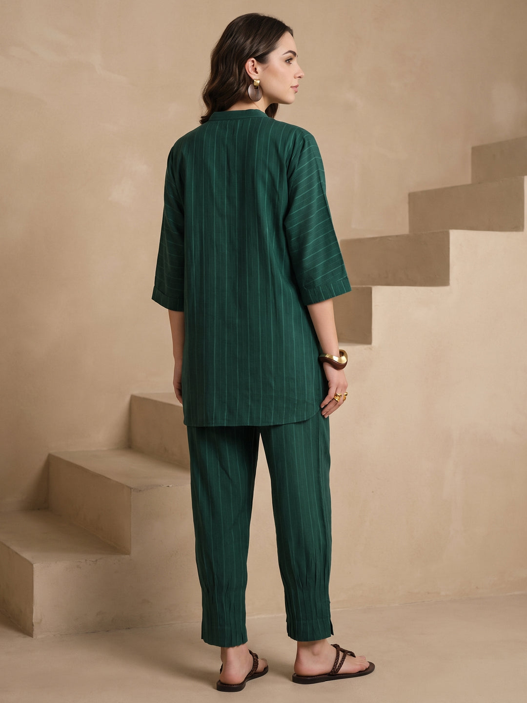 Libas Bottle Green Striped Rayon Co-Ord Set