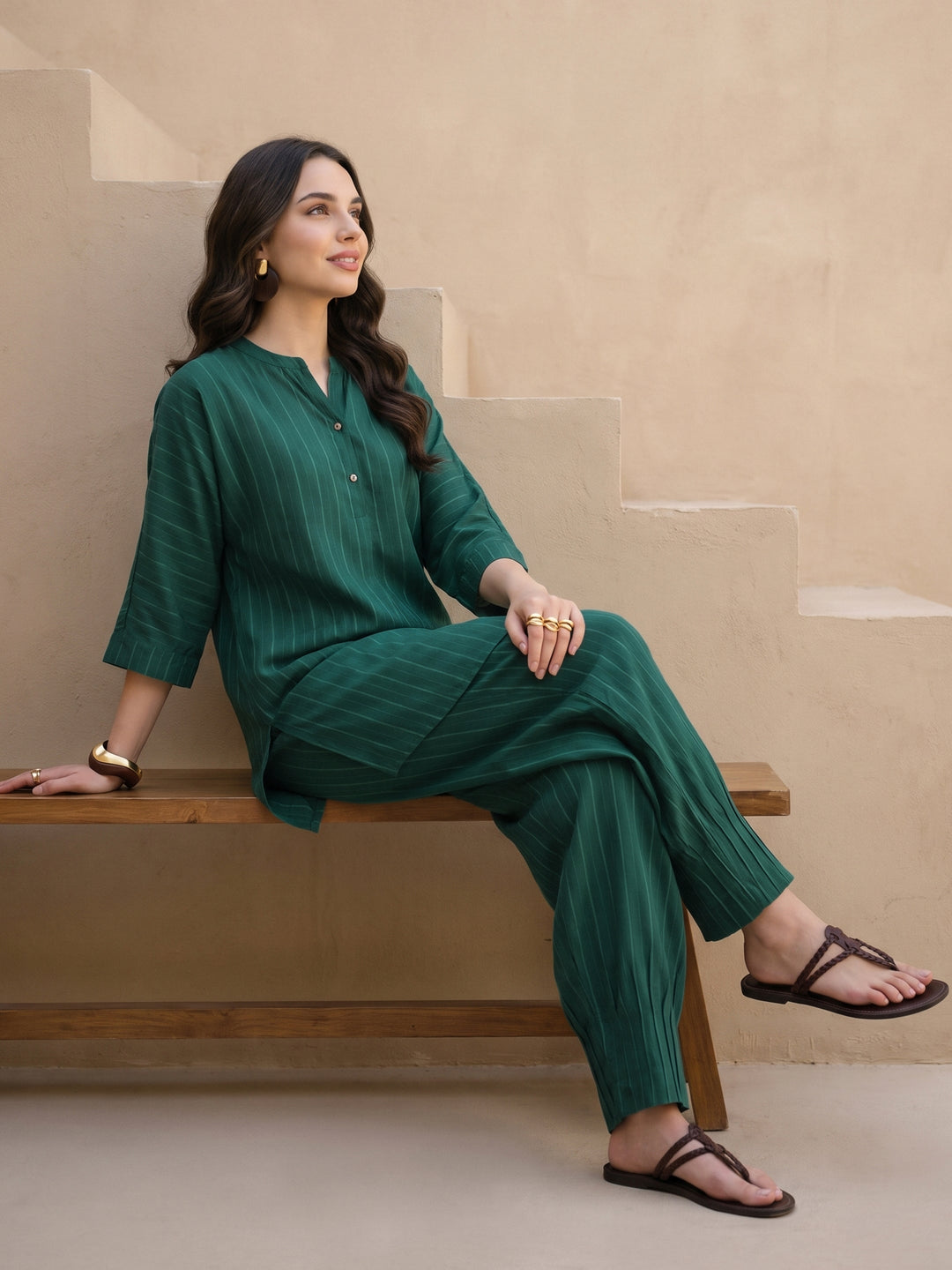 Libas Bottle Green Striped Rayon Co-Ord Set