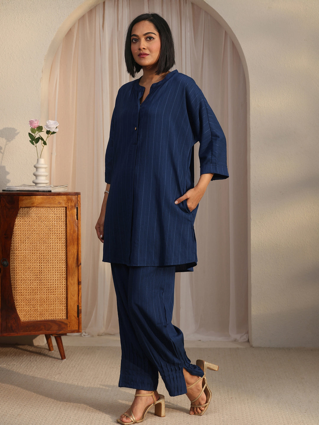 Libas Blue Striped Woven Design Rayon Co-Ord Set