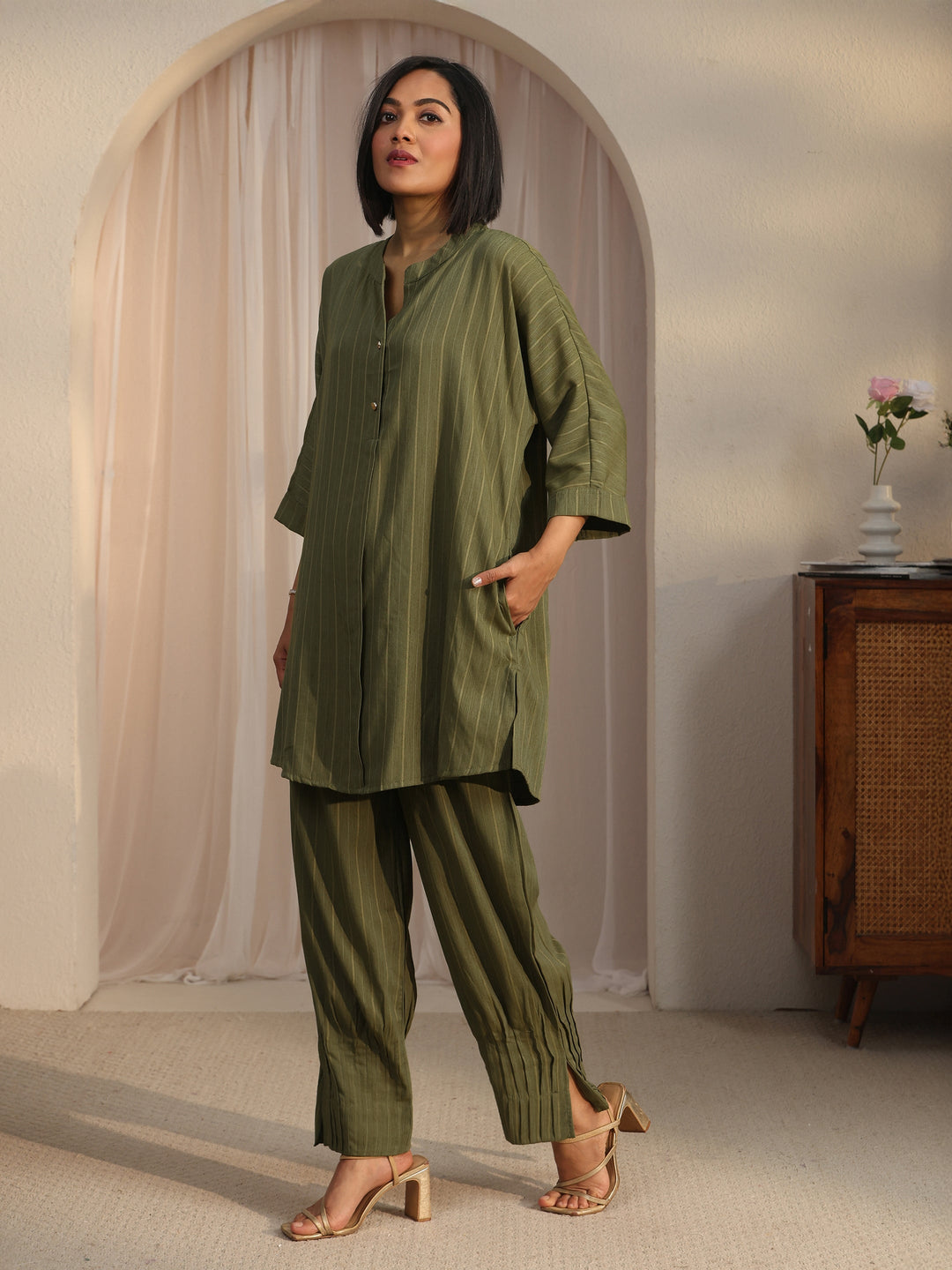 Libas Green Striped Woven Design Rayon Co-Ord Set