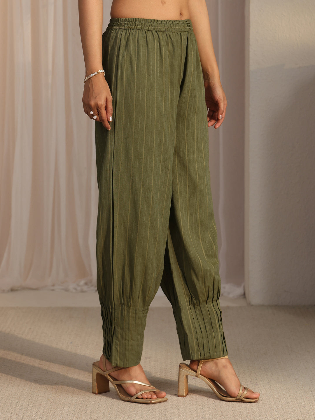 Libas Green Striped Woven Design Rayon Co-Ord Set