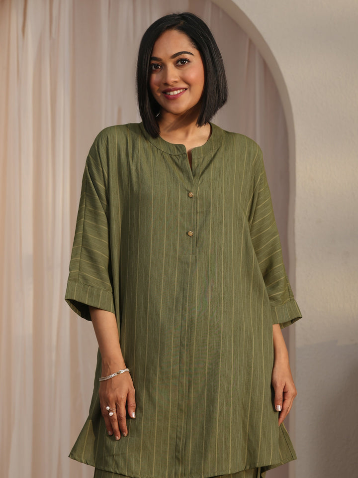Libas Green Striped Woven Design Rayon Co-Ord Set