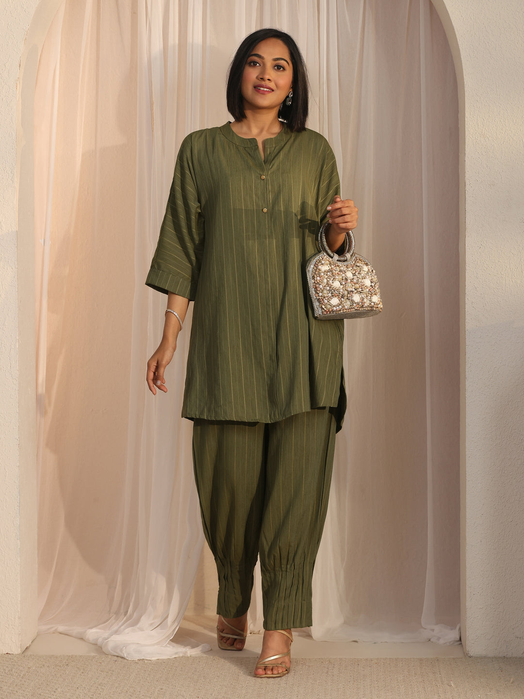 Libas Green Striped Woven Design Rayon Co-Ord Set