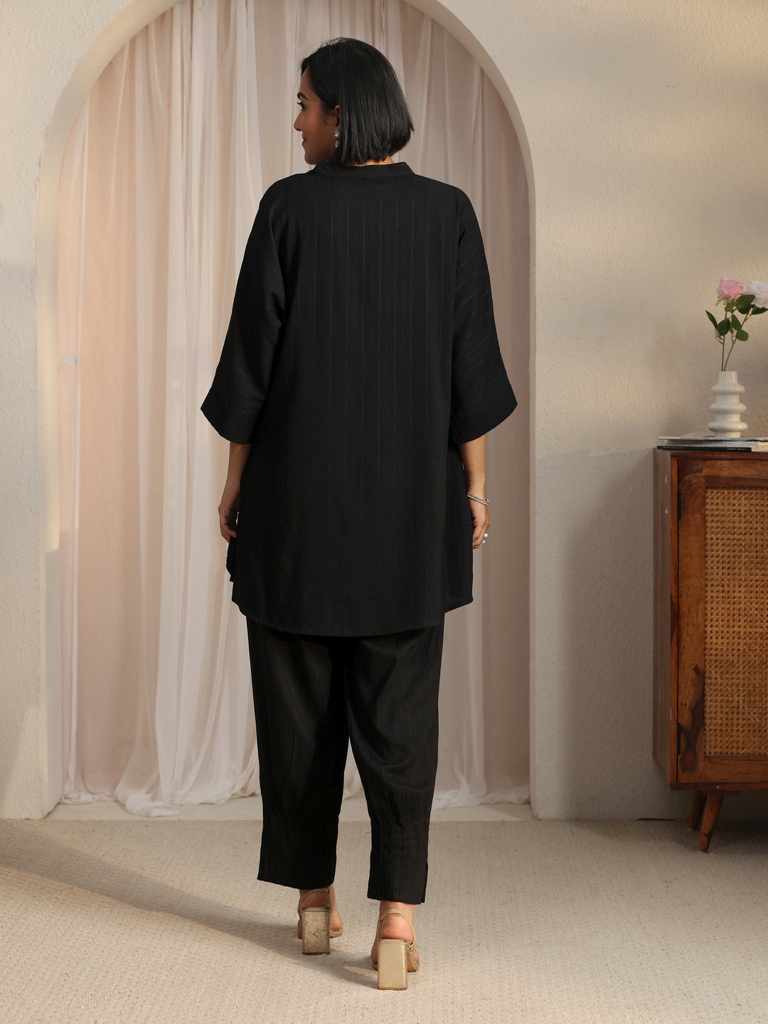 Libas Black Striped Woven Design Rayon Co-Ord Set