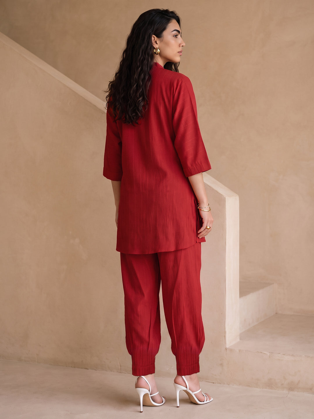 Libas Crimson Red Striped Rayon Co-Ord Set