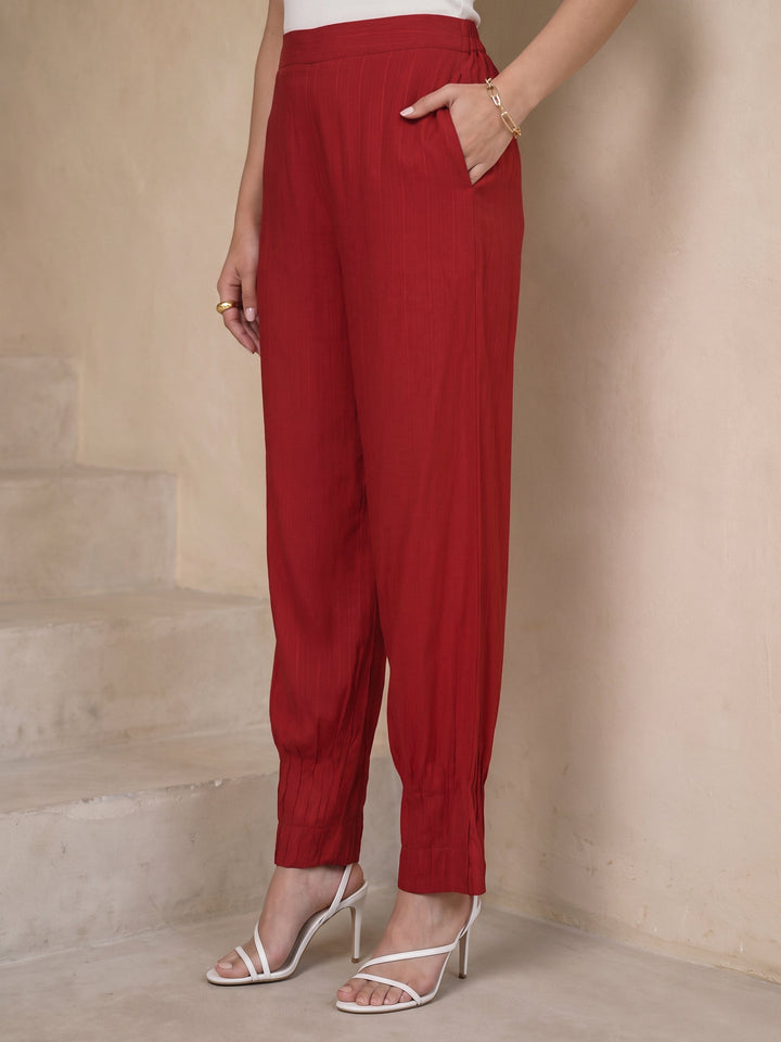 Libas Crimson Red Striped Rayon Co-Ord Set