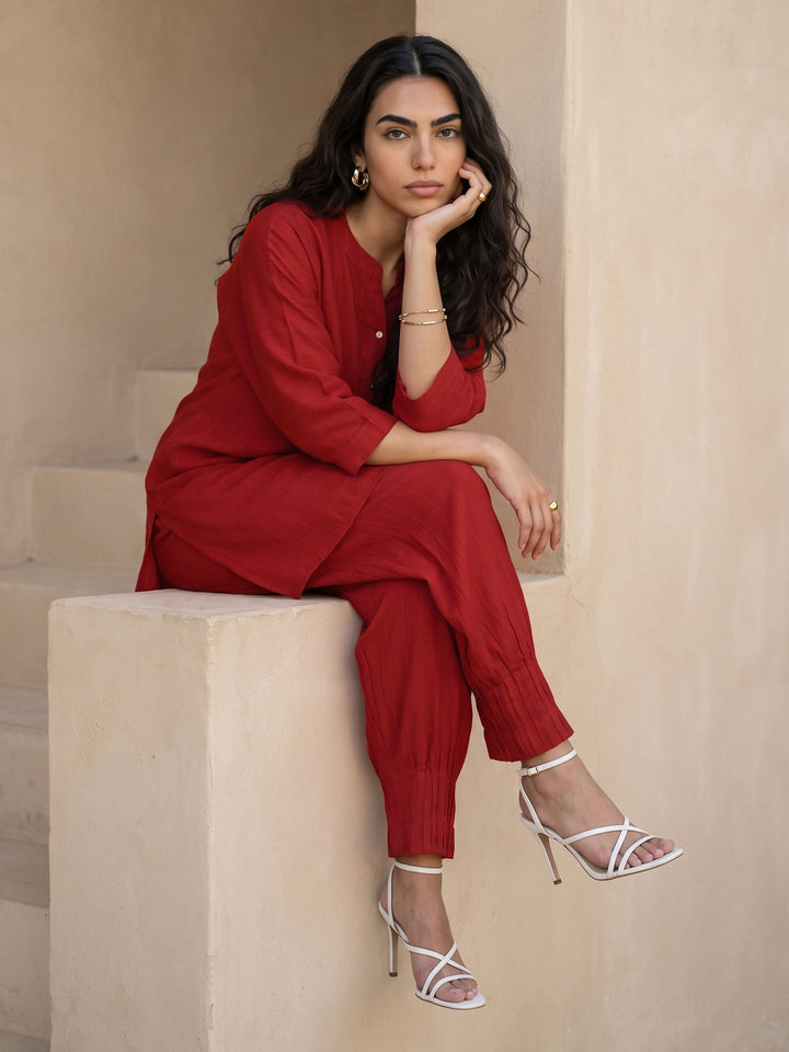Libas Crimson Red Striped Rayon Co-Ord Set