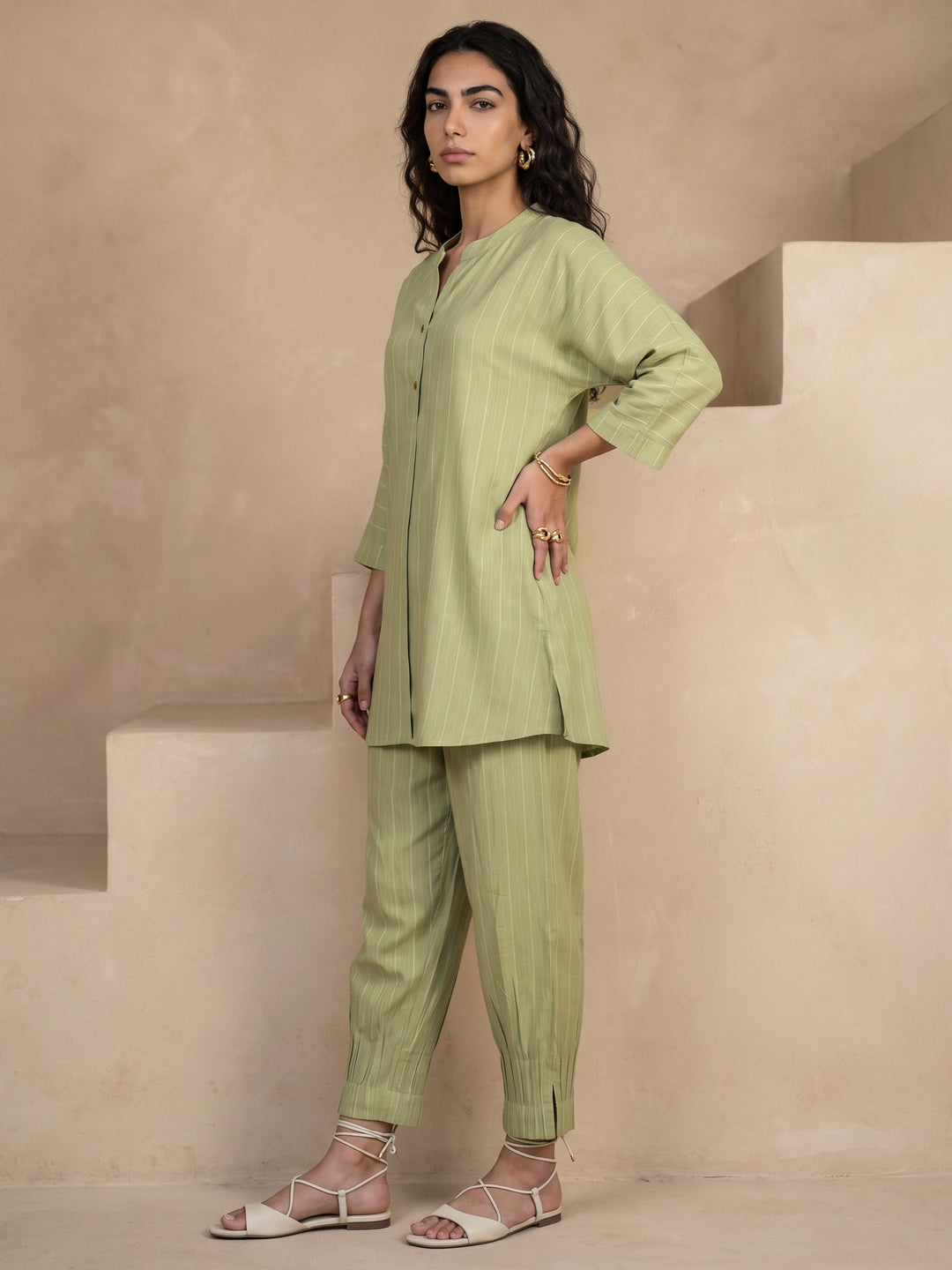 Libas Pista Green Striped Rayon Co-Ord Set
