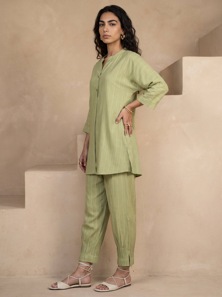 Libas Pista Green Striped Rayon Co-Ord Set