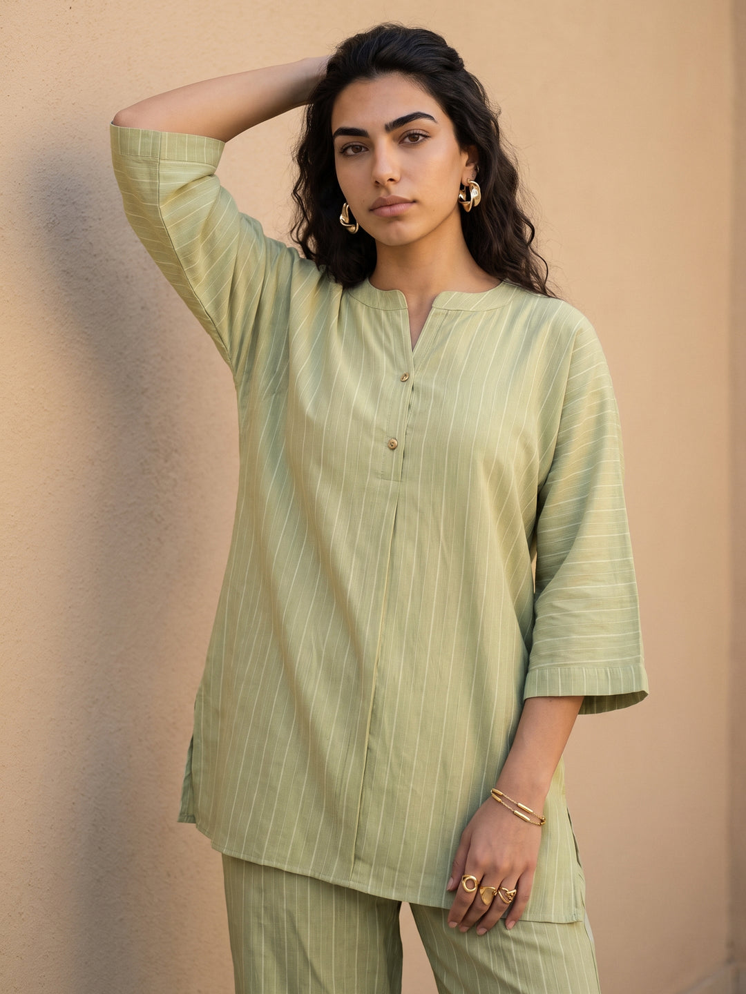 Libas Pista Green Striped Rayon Co-Ord Set