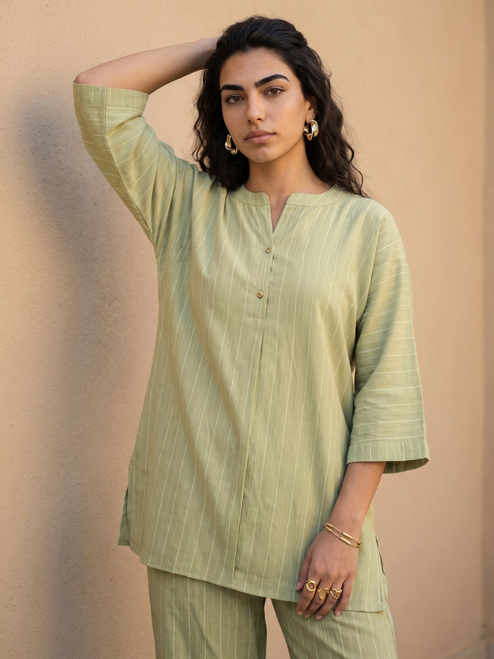 Libas Pista Green Striped Rayon Co-Ord Set