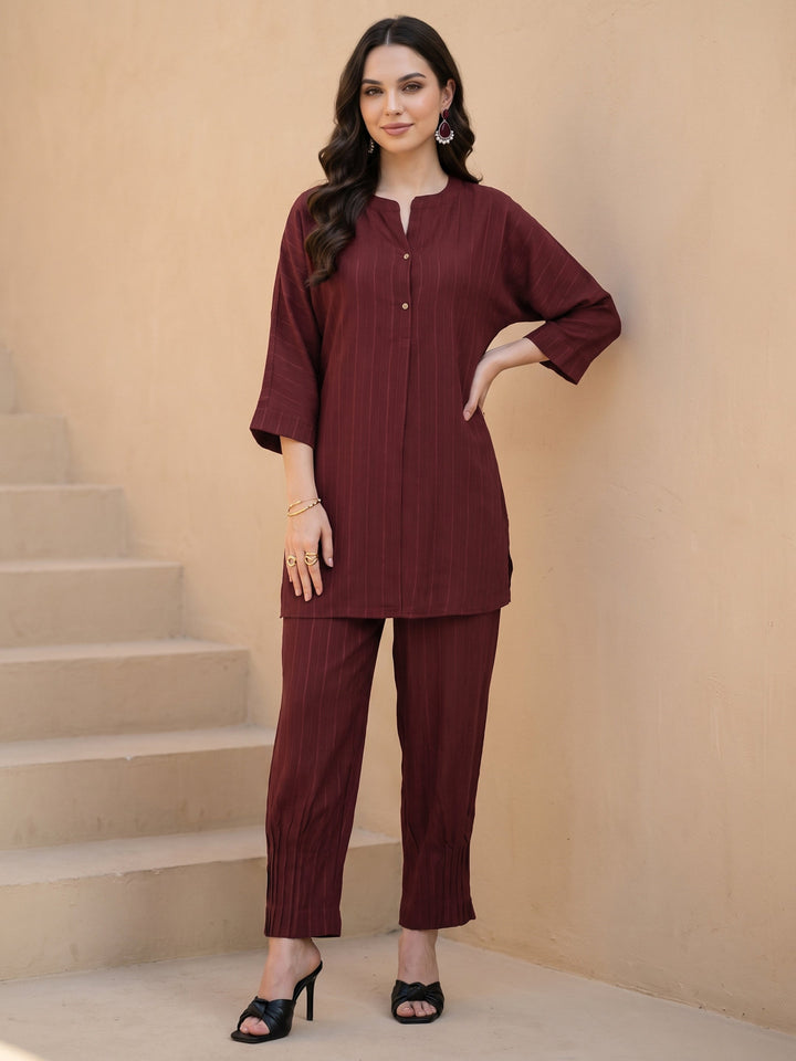 Libas Maroon Striped Rayon Co-Ord Set