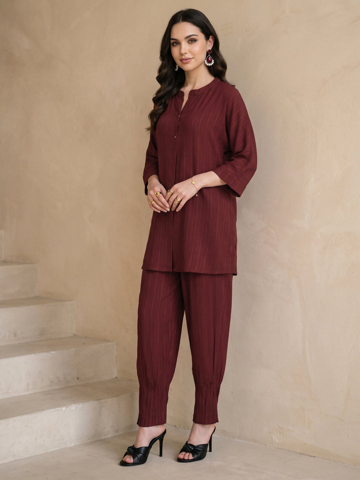 Libas Maroon Striped Rayon Co-Ord Set