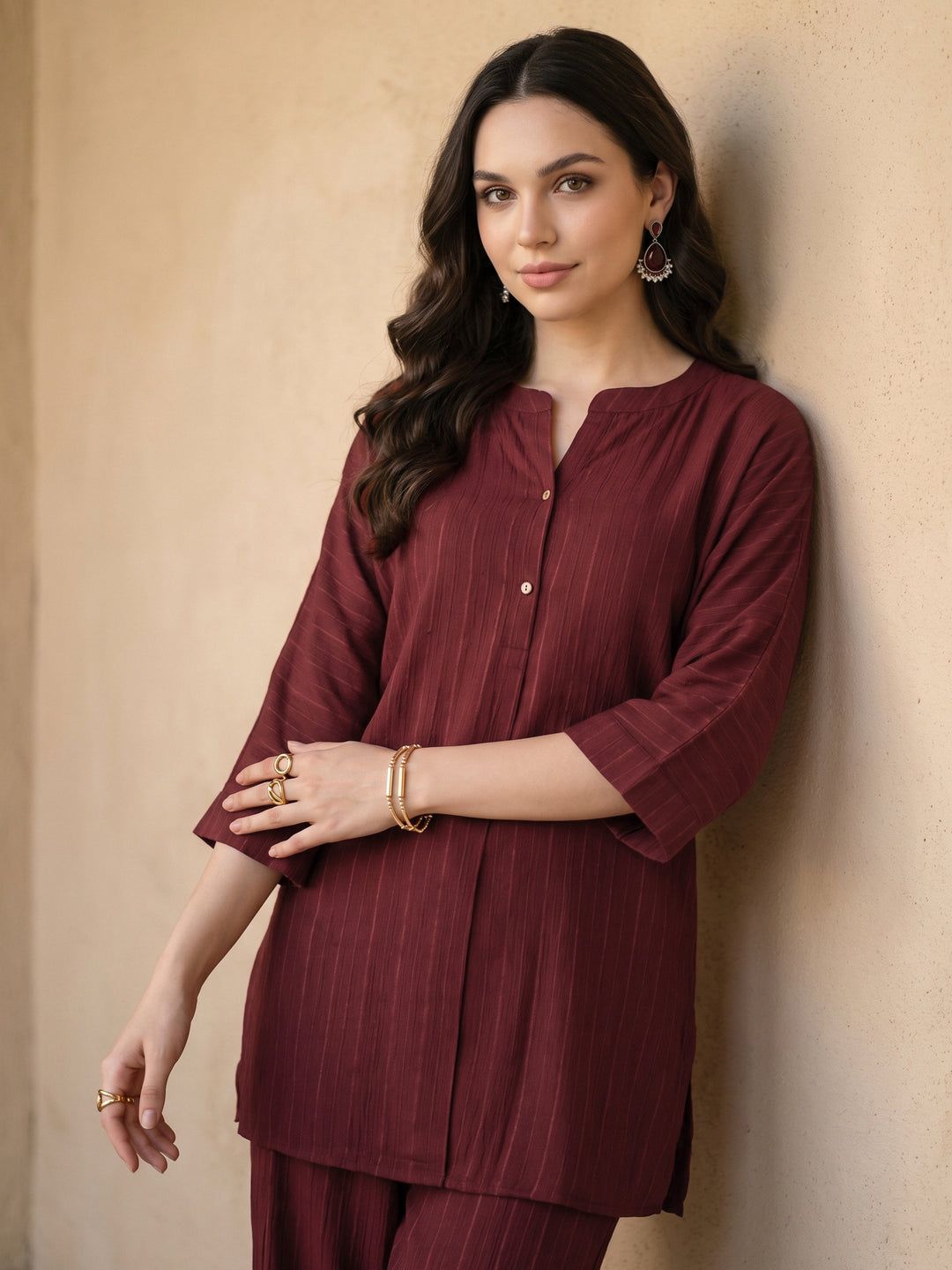 Libas Maroon Striped Rayon Co-Ord Set