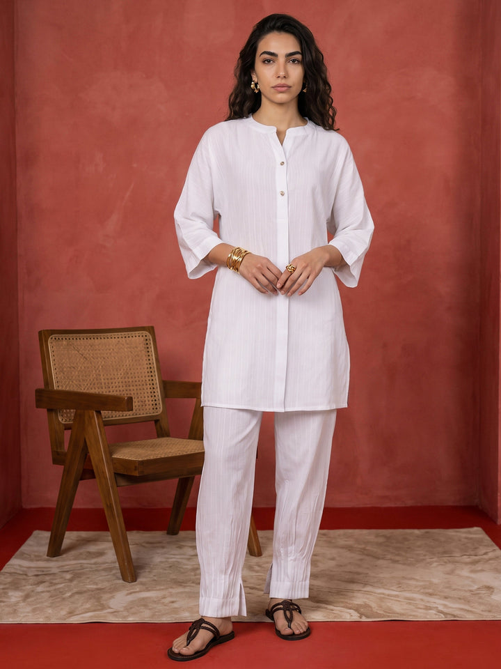Libas White Striped Rayon Co-Ord Set