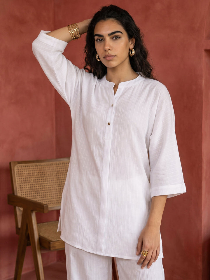 Libas White Striped Rayon Co-Ord Set