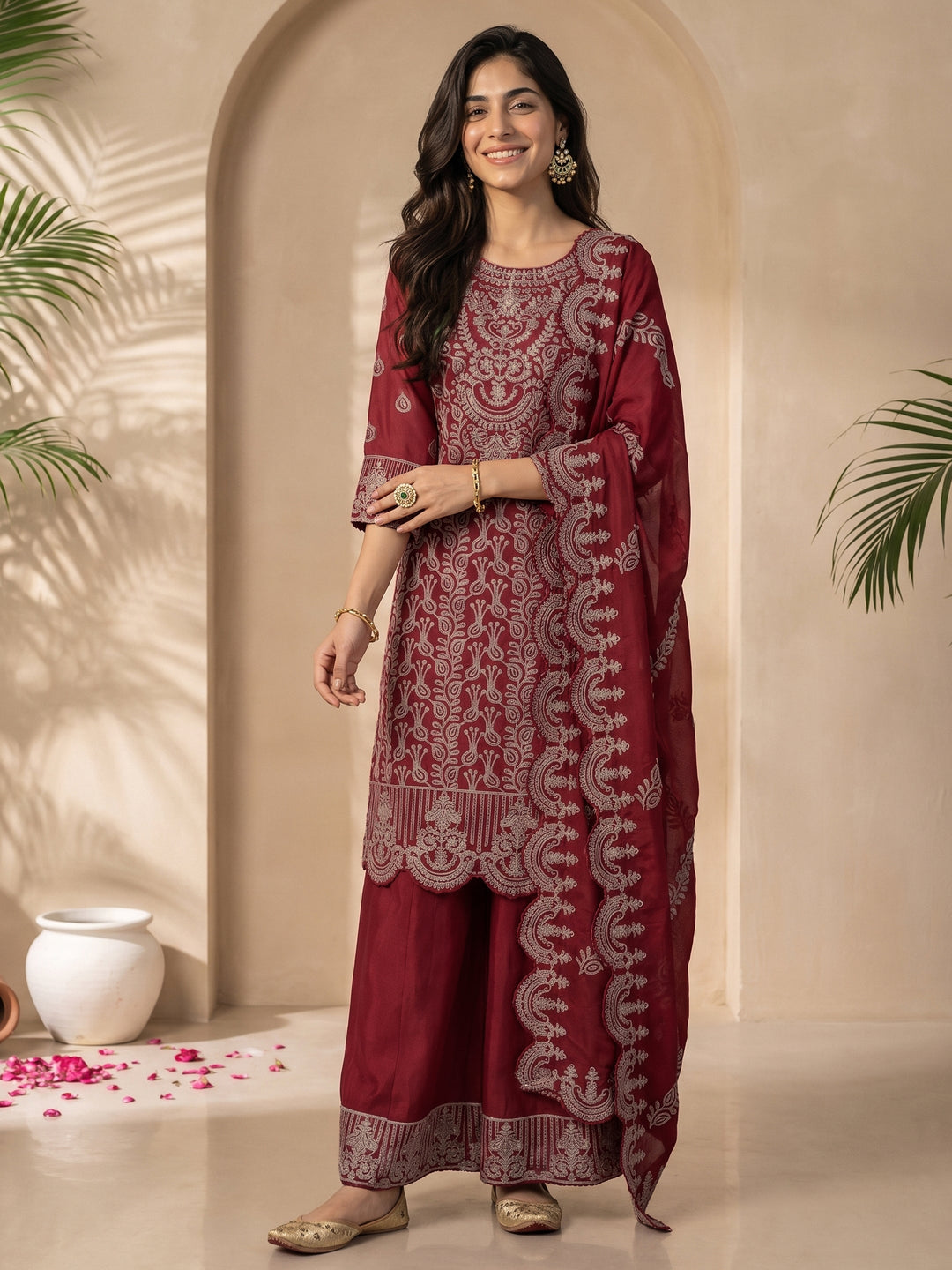 Libas Art Maroon Floral Embroidered Chinon Palazzo Suit Set
