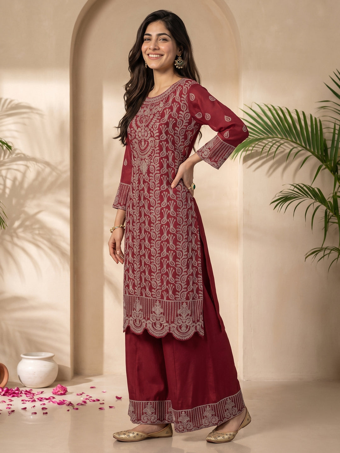 Libas Art Maroon Floral Embroidered Chinon Palazzo Suit Set