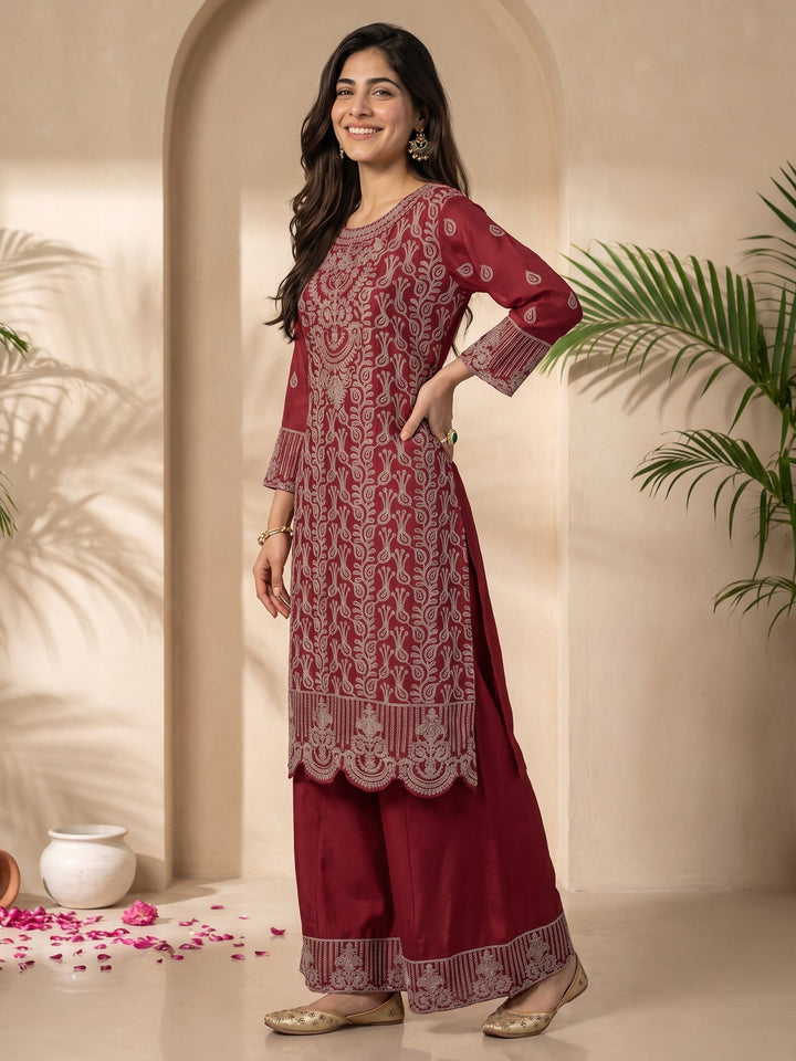 Libas Art Maroon Floral Embroidered Chinon Palazzo Suit Set
