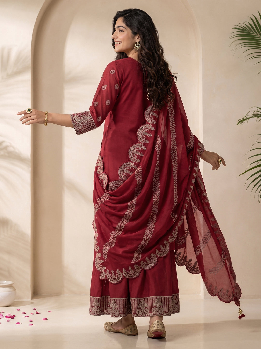Libas Art Maroon Floral Embroidered Chinon Palazzo Suit Set