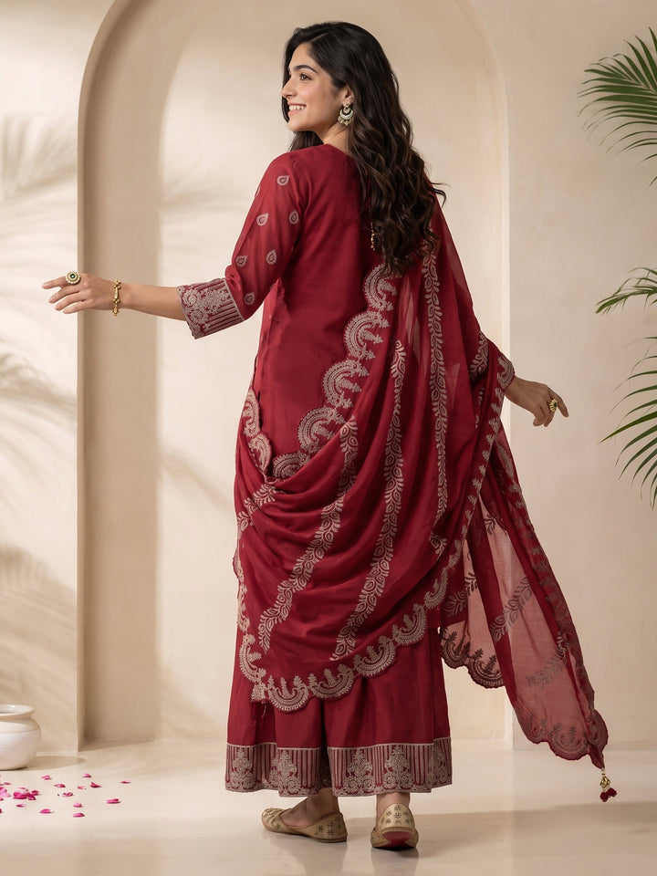 Libas Art Maroon Floral Embroidered Chinon Palazzo Suit Set