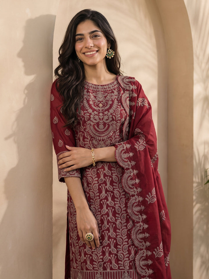 Libas Art Maroon Floral Embroidered Chinon Palazzo Suit Set