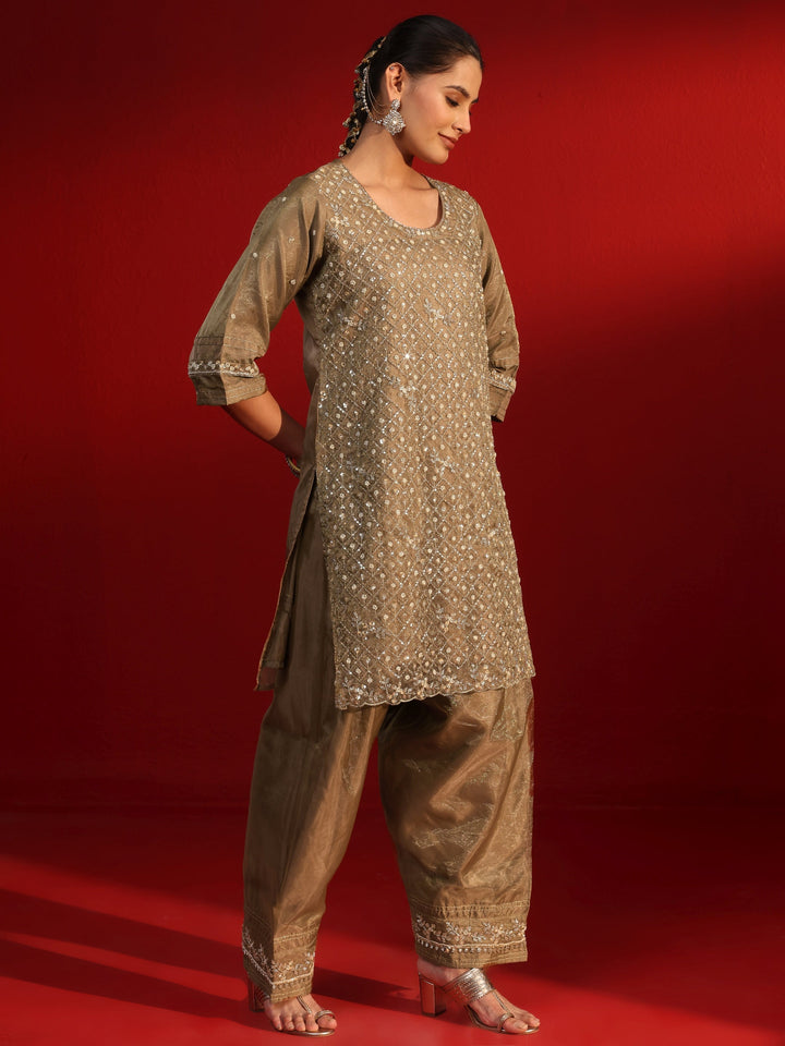 Libas Art Golden Embellished Organza Farshi Salwar Suit