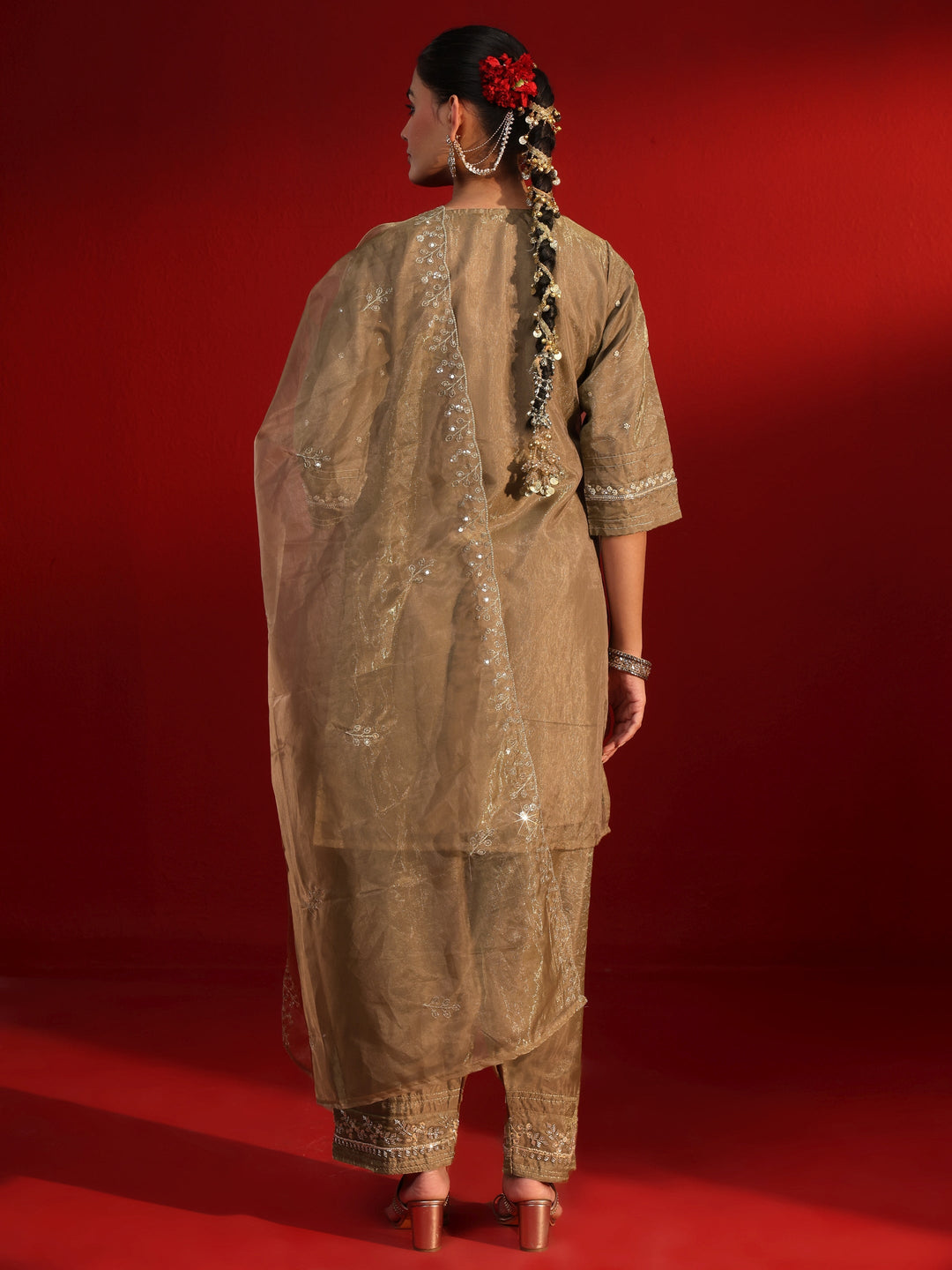 Libas Art Golden Embellished Organza Farshi Salwar Suit