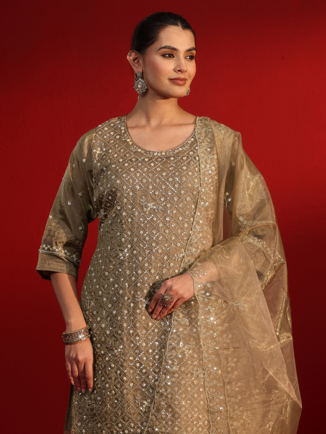 Libas Art Golden Embellished Organza Farshi Salwar Suit