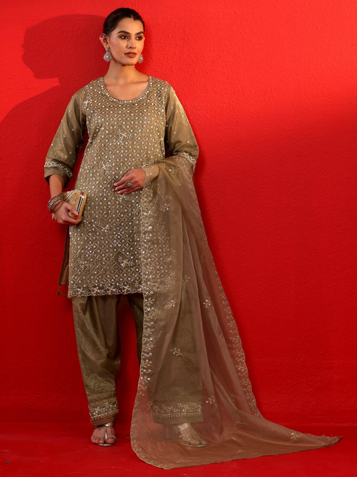 Libas Art Golden Embellished Organza Farshi Salwar Suit