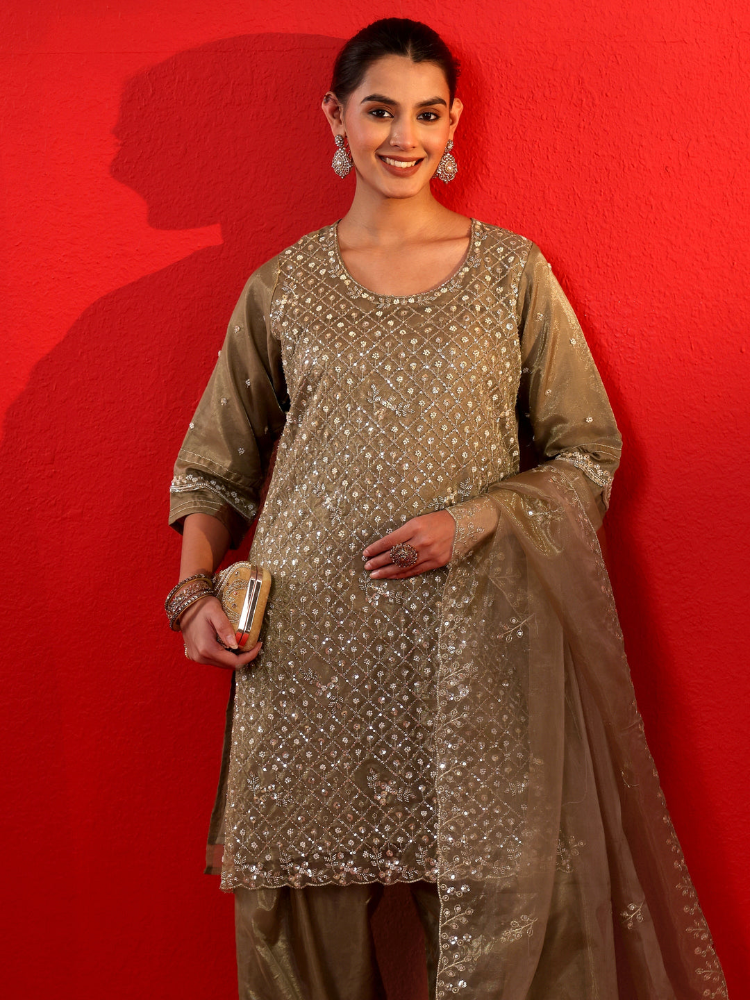 Libas Art Golden Embellished Organza Farshi Salwar Suit