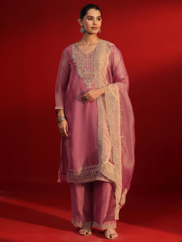 Libas Art Pink Yoke Embroidered Tissue Straight Suit Set