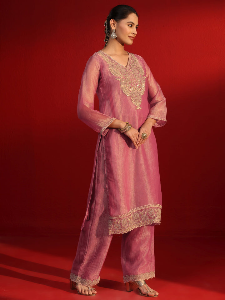 Libas Art Pink Yoke Embroidered Tissue Straight Suit Set