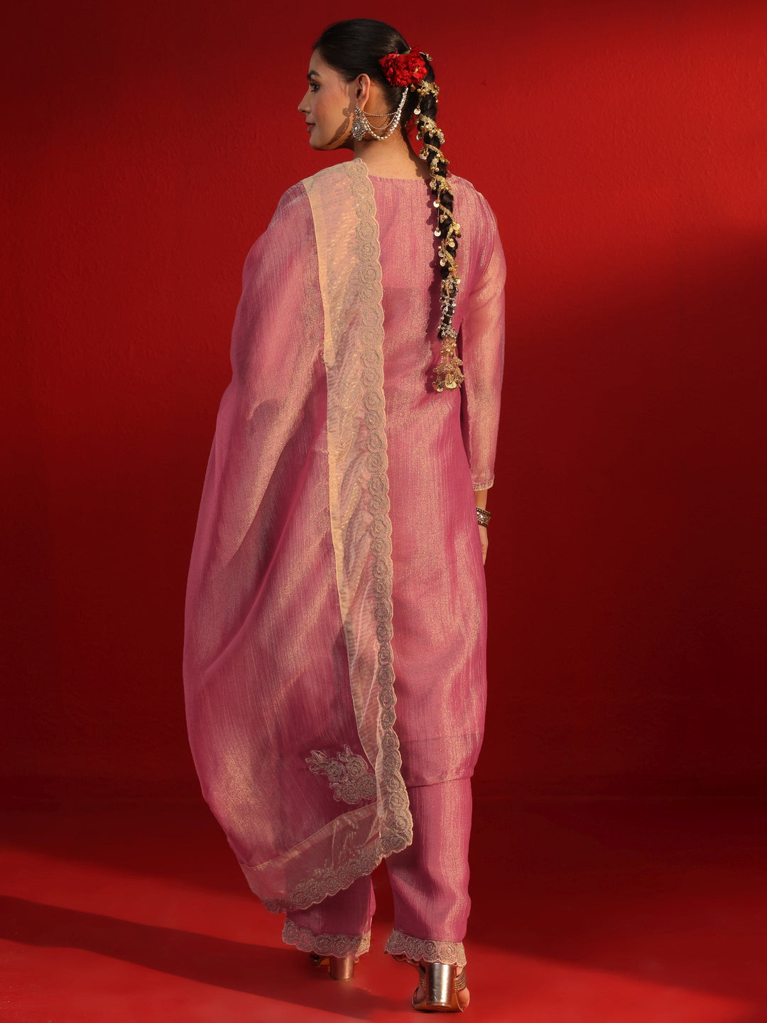 Libas Art Pink Yoke Embroidered Tissue Straight Suit Set