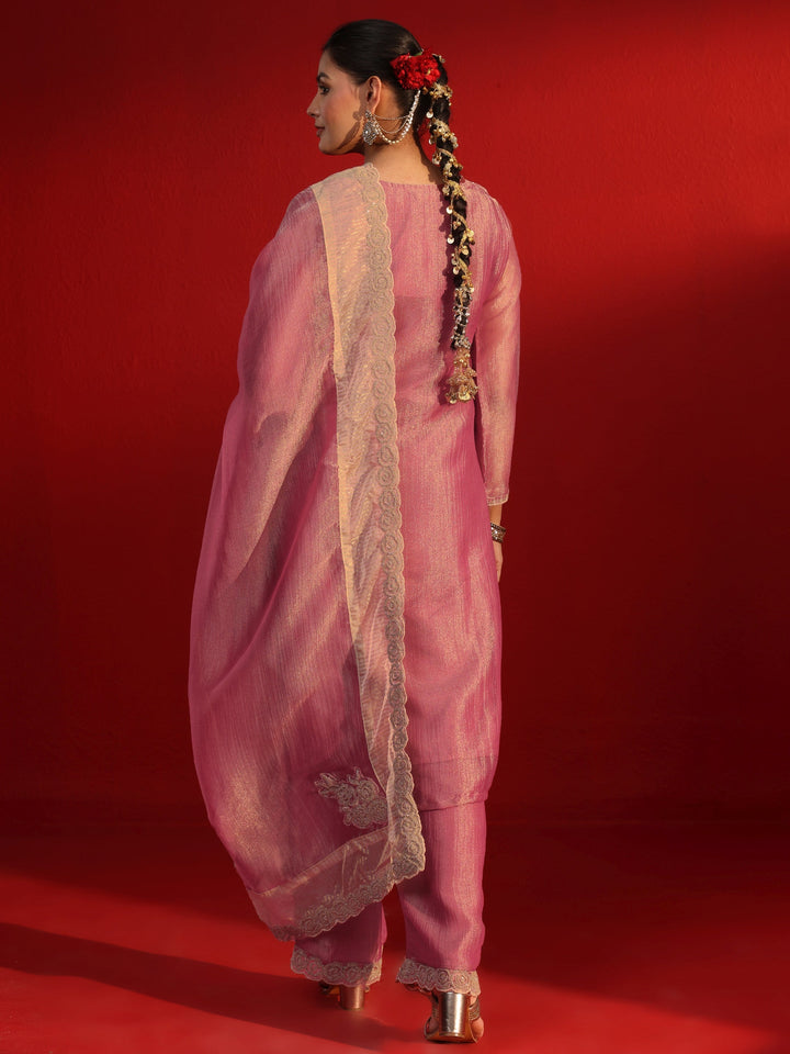 Libas Art Pink Yoke Embroidered Tissue Straight Suit Set