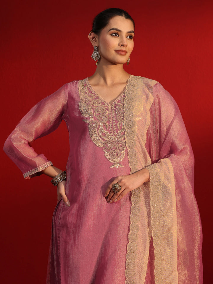 Libas Art Pink Yoke Embroidered Tissue Straight Suit Set