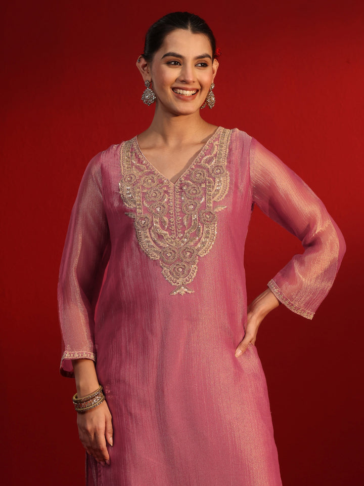 Libas Art Pink Yoke Embroidered Tissue Straight Suit Set