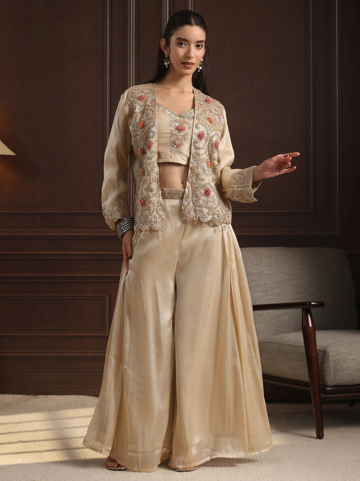 Libas Art Beige Embellished Jacket and Palazzo Tissue Co-Ord Set