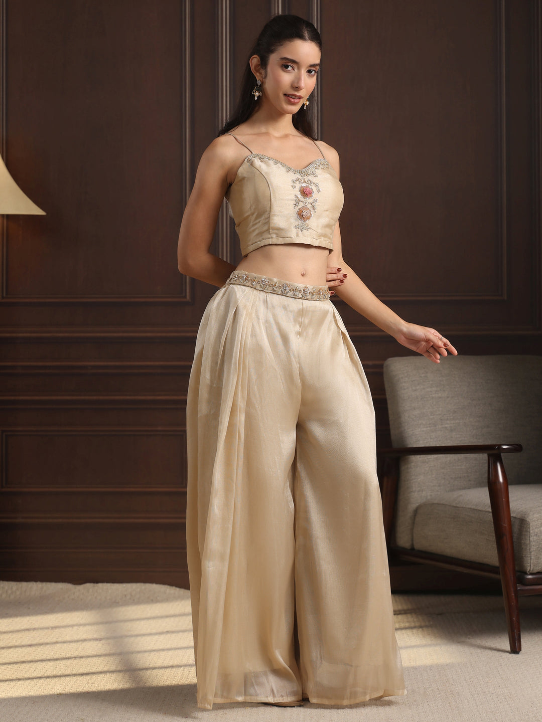 Libas Art Beige Embellished Jacket and Palazzo Tissue Co-Ord Set