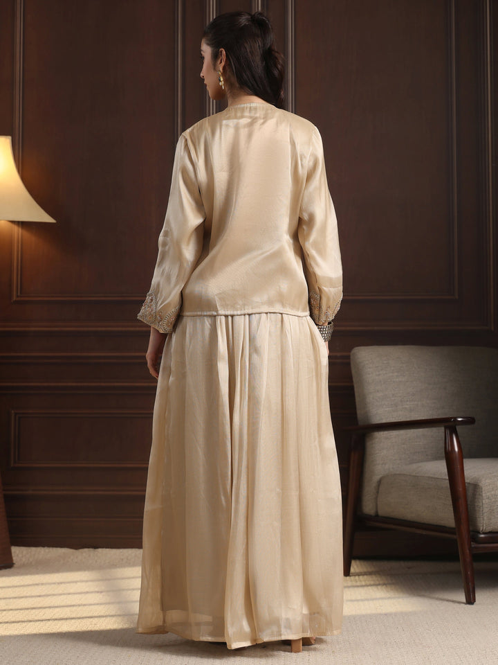 Libas Art Beige Embellished Jacket and Palazzo Tissue Co-Ord Set