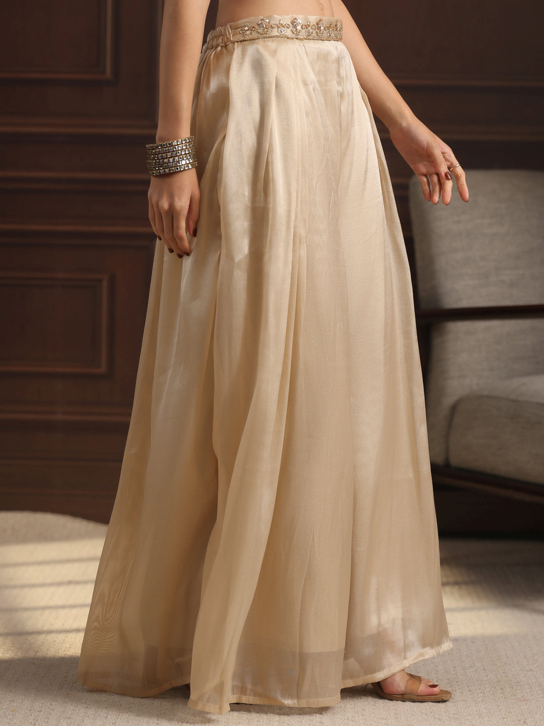 Libas Art Beige Embellished Jacket and Palazzo Tissue Co-Ord Set